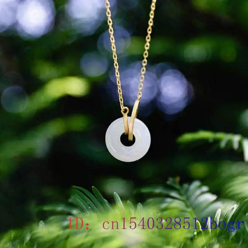 Hetian Jade Donuts Pendant Chalcedony Amulet 925 Silver Women Necklace