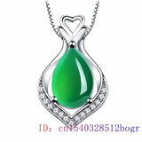 Jade Heart Pendant Chalcedony Agate Necklace 925 Silver Gemstone Women Charm