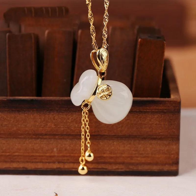 Chalcedony Lucky Bag Pendant 925 Silver Amulet Necklace for Women Men
