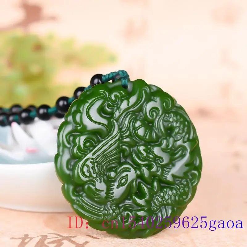 Green Jade Dragon Phoenix Pendant Necklace Carved Charm for Men Women