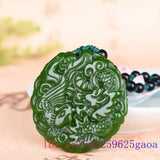 Green Jade Dragon Phoenix Pendant Necklace Carved Charm for Men Women