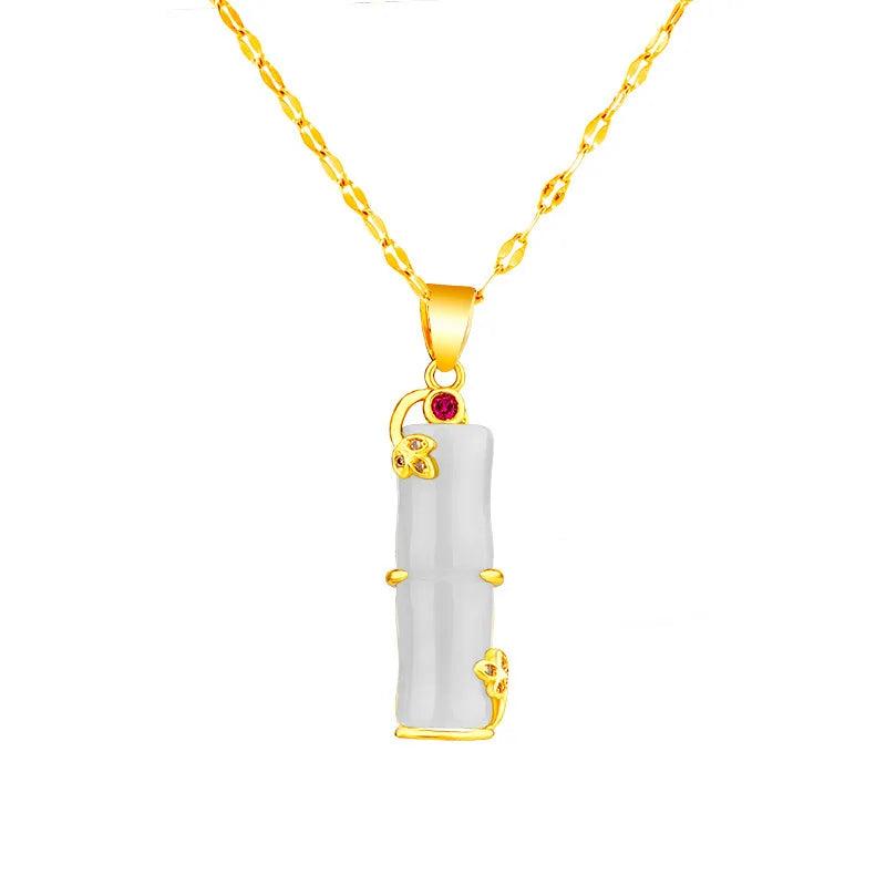 Jade Bamboo Pendant Necklace 925 Silver Chalcedony Charm