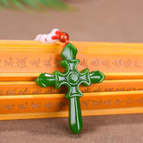 Chinese Green Jade Cross Pendant Necklace Hand Carved Charm Jadeite Natural Jewe