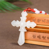 Chinese Green Jade Cross Pendant Necklace Hand Carved Charm Jadeite Natural Jewe