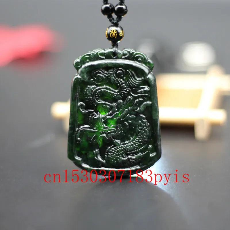 Green Jade Dragon Pendant Necklace Chinese Hand-Carved Charm Jewelry