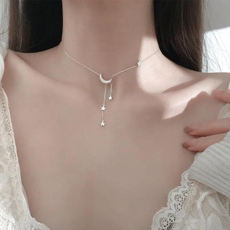 925 Silver Sterling Star Moon Necklace For Women Clavicle Chain