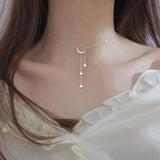 925 Silver Sterling Star Moon Necklace For Women Clavicle Chain