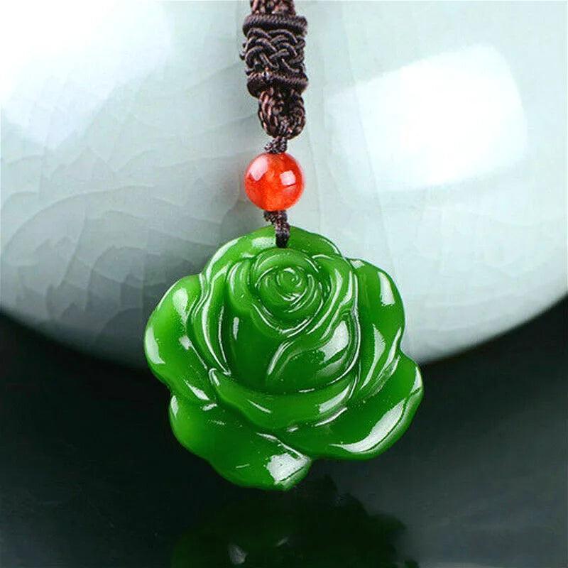 Hand-Carved Green Jade Rose Flower Pendant Necklace Charm Jadeite Jewelry