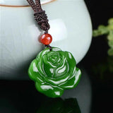Hand-Carved Green Jade Rose Flower Pendant Necklace Charm Jadeite Jewelry