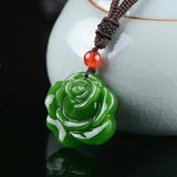 Hand-Carved Green Jade Rose Flower Pendant Necklace Charm Jadeite Jewelry
