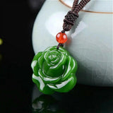 Hand-Carved Green Jade Rose Flower Pendant Necklace Charm Jadeite Jewelry