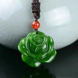 Hand-Carved Green Jade Rose Flower Pendant Necklace Charm Jadeite Jewelry