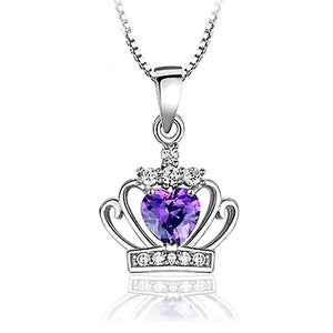 925 Silver Purple CZ Crown Pendant Necklace Sparkly Cubic Zirconia Jewelry