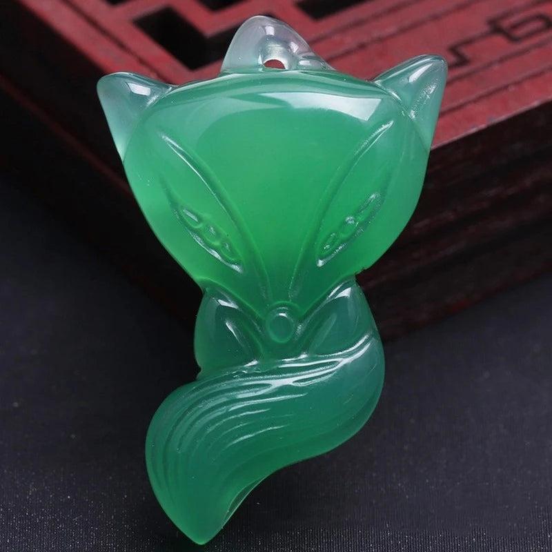 Chrysoprase Fox Pendant Hand Carved Necklace Men Women Gift