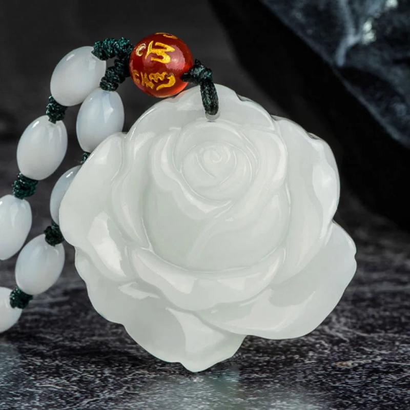 Green Jade Rose Flower Pendant Necklace Hand-carved Charm Jadeite