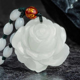 Green Jade Rose Flower Pendant Necklace Hand-carved Charm Jadeite