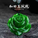 Green Jade Rose Flower Pendant Necklace Hand-carved Charm Jadeite