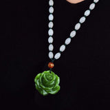 Green Jade Rose Flower Pendant Necklace Hand-carved Charm Jadeite