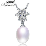 Natural Freshwater Oval Pearl Necklace 925 Sterling Silver Zircon Flower Pendant