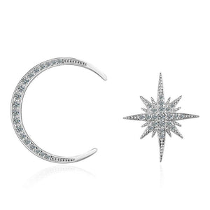 Silver Star Moon Asymmetric Stud Earring Lady Party Jewelry