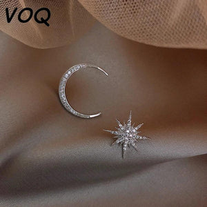 Silver Star Moon Asymmetric Stud Earring Lady Party Jewelry