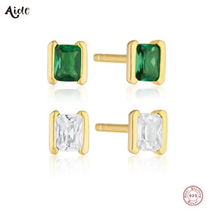 925 Silver Emerald Green CZ Square Stud Earrings for Women