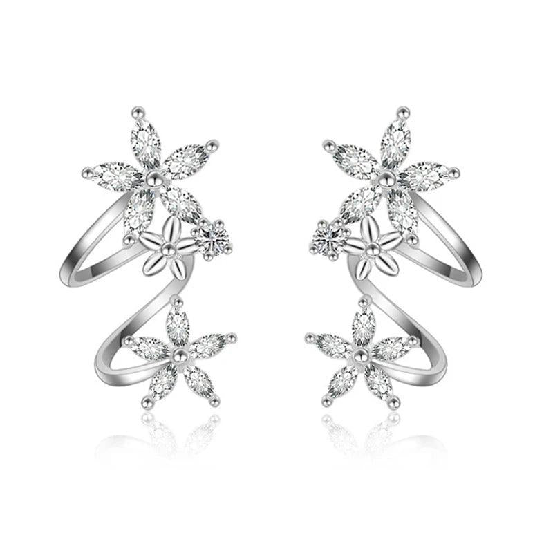 925 Silver Snowflake Wave Stud Earrings Zircon Crystal Women Wedding Jewelry