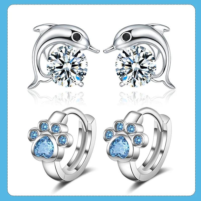 Dolphin Silver Earring Jewelry Gift CZ Animal Footprint Hoop Earrings Women