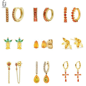 925 Silver Earrings Orange/Yellow Crystal Pendants Hoops High Jewelry