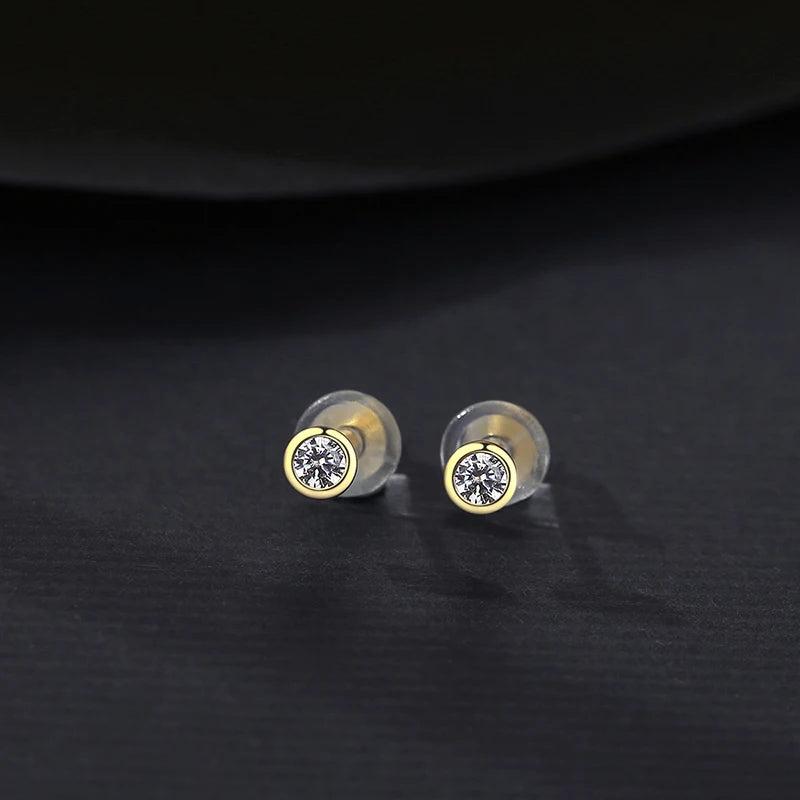 925 Sterling Silver Zircon Round Stud Earrings 14K Plating