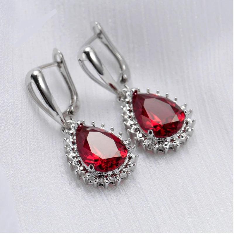 Yuzuk Women's 925 Sterling Silver Drop Earrings Red Olive Zircon Wedding