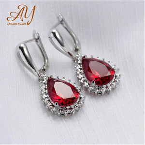 Yuzuk Women's 925 Sterling Silver Drop Earrings Red Olive Zircon Wedding