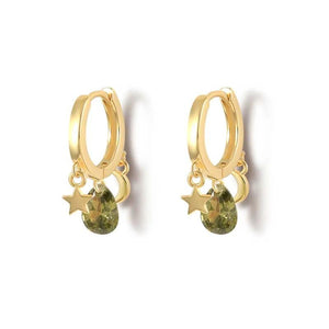 925 Silver Olive Green Zircon Hoop Earrings With Crystal Charm Pendant