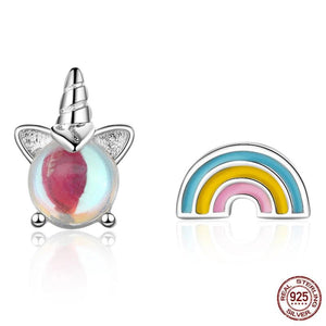 925 Silver Asymmetric Rainbow Unicorn Stud Earrings for Women