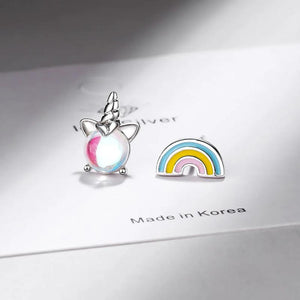 925 Silver Asymmetric Rainbow Unicorn Stud Earrings for Women