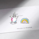 925 Silver Asymmetric Rainbow Unicorn Stud Earrings for Women