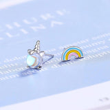 925 Silver Asymmetric Rainbow Unicorn Stud Earrings for Women