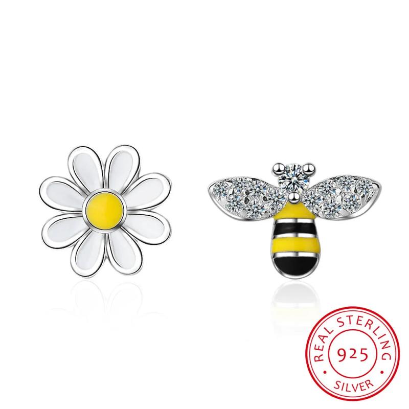 925 Silver Bee & Sun Flower Stud Earrings for Women