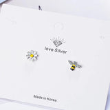 925 Silver Bee & Sun Flower Stud Earrings for Women