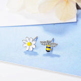 925 Silver Bee & Sun Flower Stud Earrings for Women