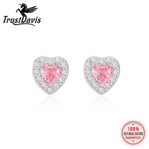 TrustDavis Heart Pink CZ Stud Earrings For Daughter Girl Birthday Gift