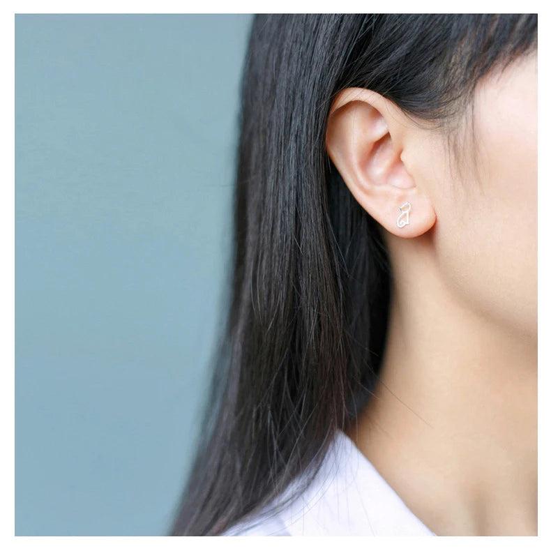 925 Sterling Silver Cat Stud Earrings for Women Party Jewelry