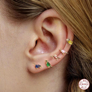 925 Silver Dino Stud Earrings Tiny Zircon Animal Ear Studs