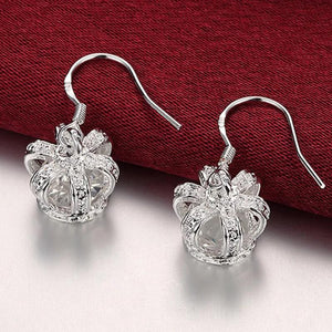 925 Silver Queen Crown Drop Earrings Clear CZ Zircon Wedding Jewelry