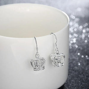 925 Silver Queen Crown Drop Earrings Clear CZ Zircon Wedding Jewelry