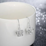 925 Silver Queen Crown Drop Earrings Clear CZ Zircon Wedding Jewelry