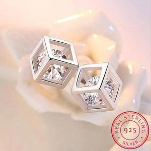 925 Silver Love Cube Square Stud Earrings