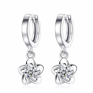 925 Silver Crystal Plum Flower Drop Earrings Women's Jewelry