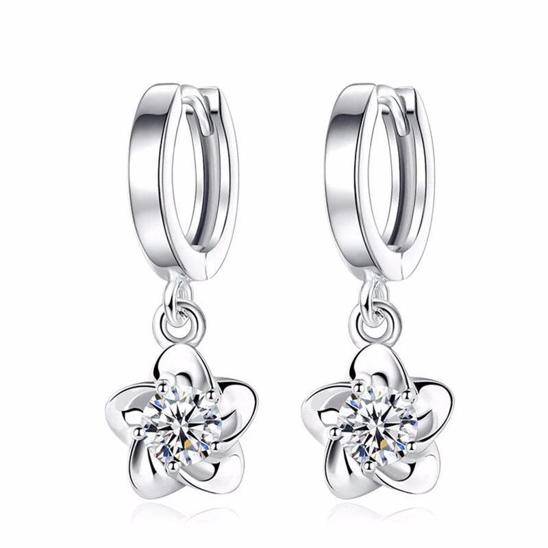 925 Silver Crystal Plum Flower Drop Earrings Women's Jewelry