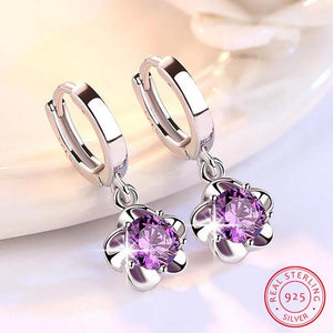 925 Silver Crystal Plum Flower Drop Earrings Women's Jewelry